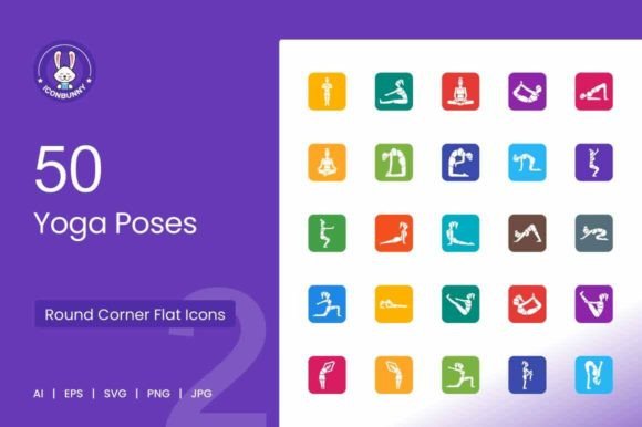 50 Yoga Poses Filled Round Corner Icons