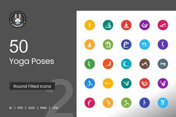 50 Yoga Poses Flat Round Icons