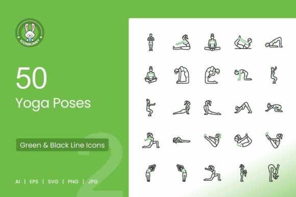 50 Yoga Poses Green Black Icons
