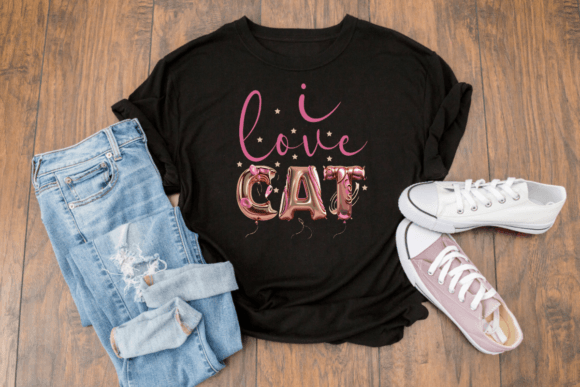 Cat Pink Gold Balloon T Shirt Design