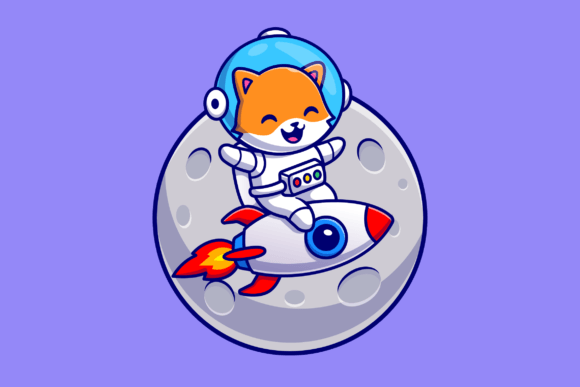 Cute Astronaut Cat Riding Rocket Cartoon