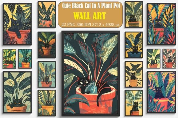 Cute Black Cat in a Plant Pot Wall Art Bundle