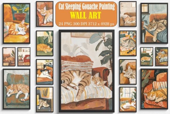 Cute Cat Sleeping Gouache Painting Art Bundle