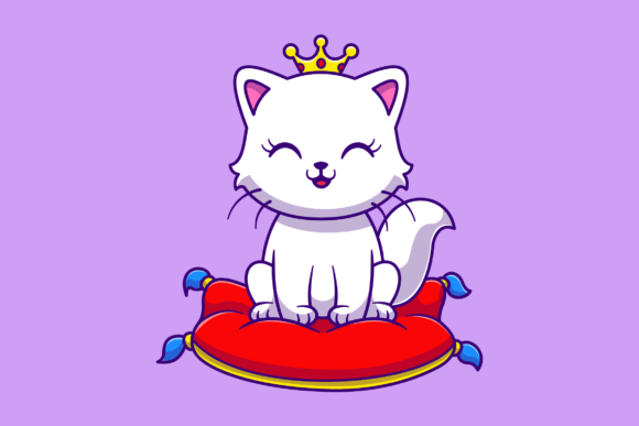 Cute Queen Cat Sitting on Pillow Cartoon