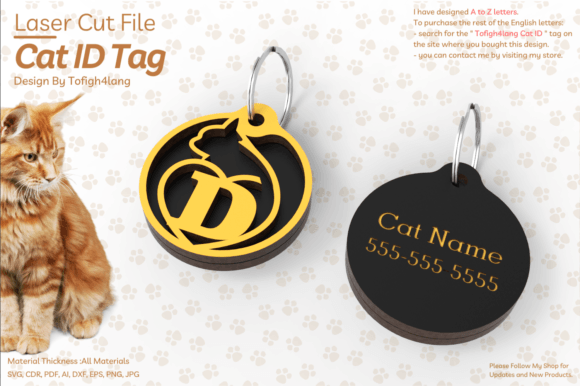 D Cat ID Tag Laser Cut File Svg