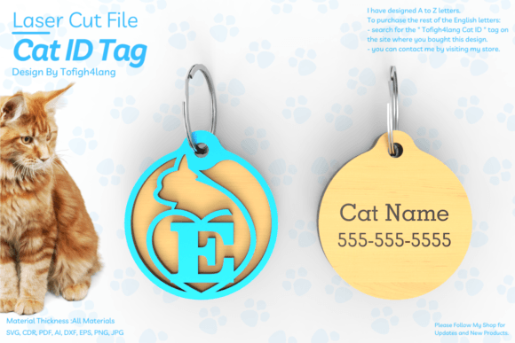E Cat ID Tag Laser Cut File Cat