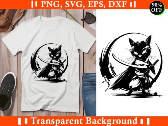 Samurai Cat T-shirt Design, Cat Png