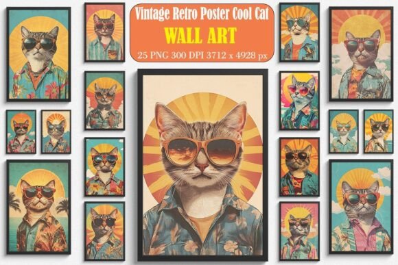 Vintage Retro Poster Cool Cat Wall Art Bundle